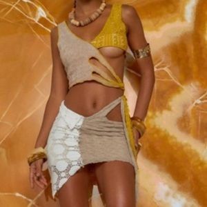 Asymmetric Knit Mix Mini Skirt with Side Cut Out Detail